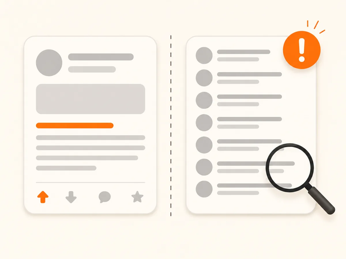 Two side-by-side comment cards, one calm and one flagged as suspicious