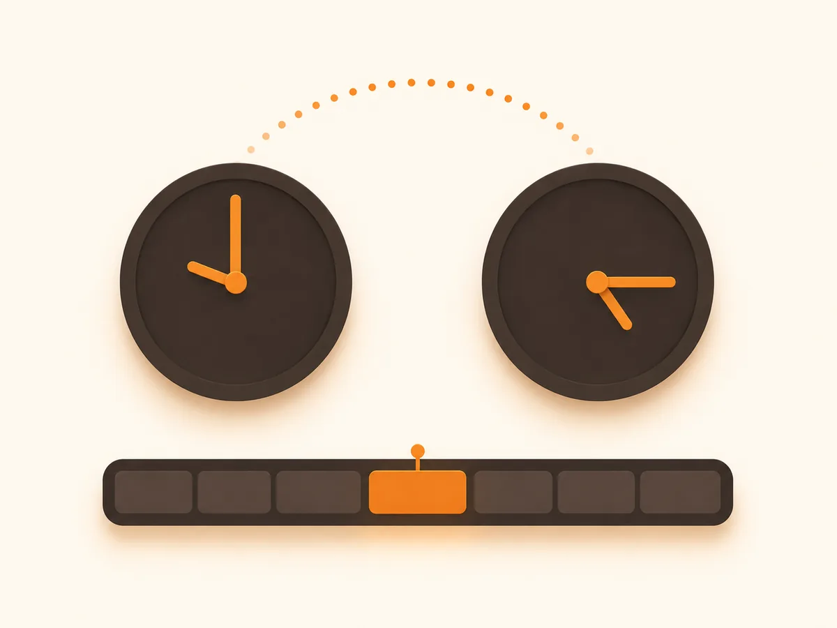 Two clock faces set to different times above a highlighted schedule bar