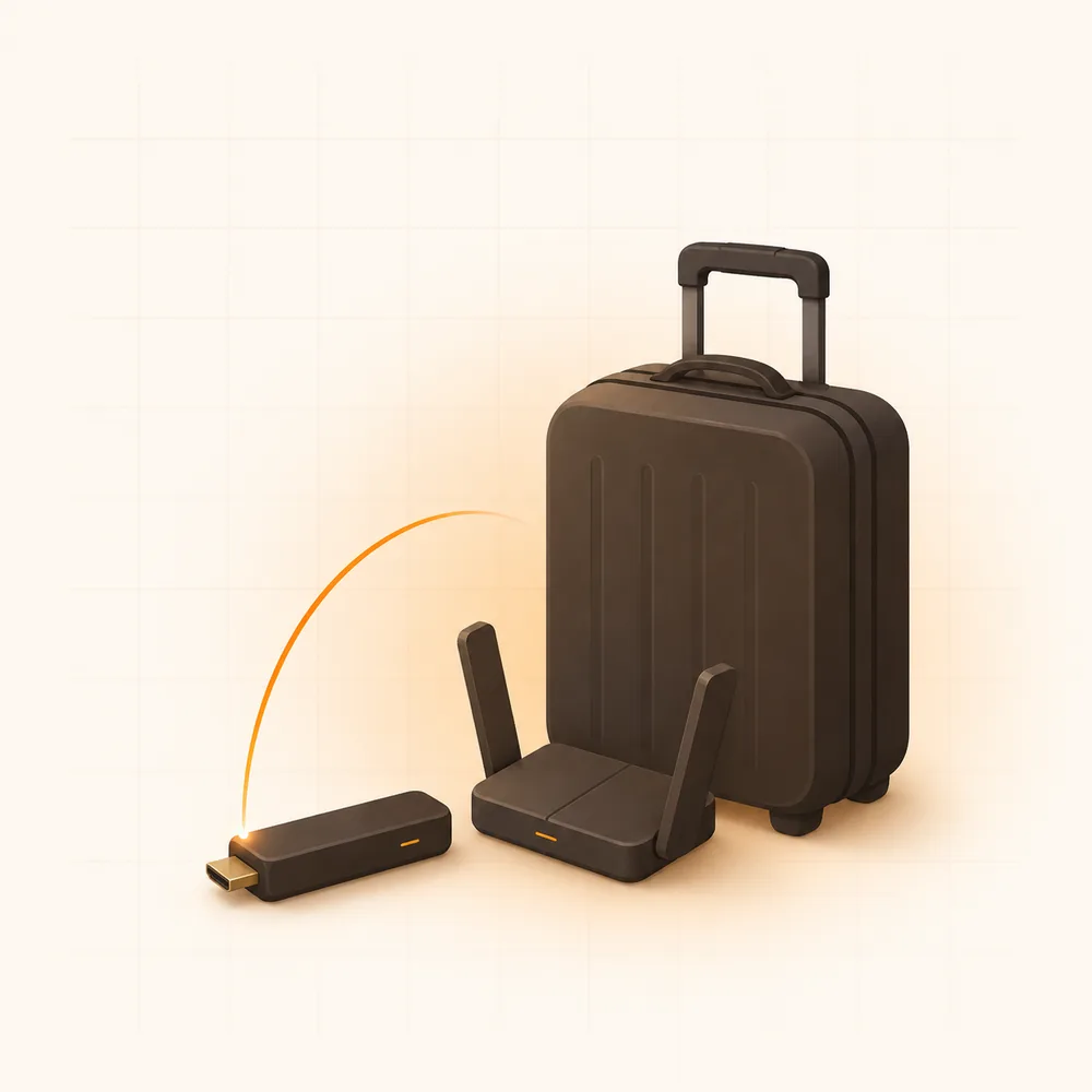 A streaming stick and travel router tucked beside a suitcase