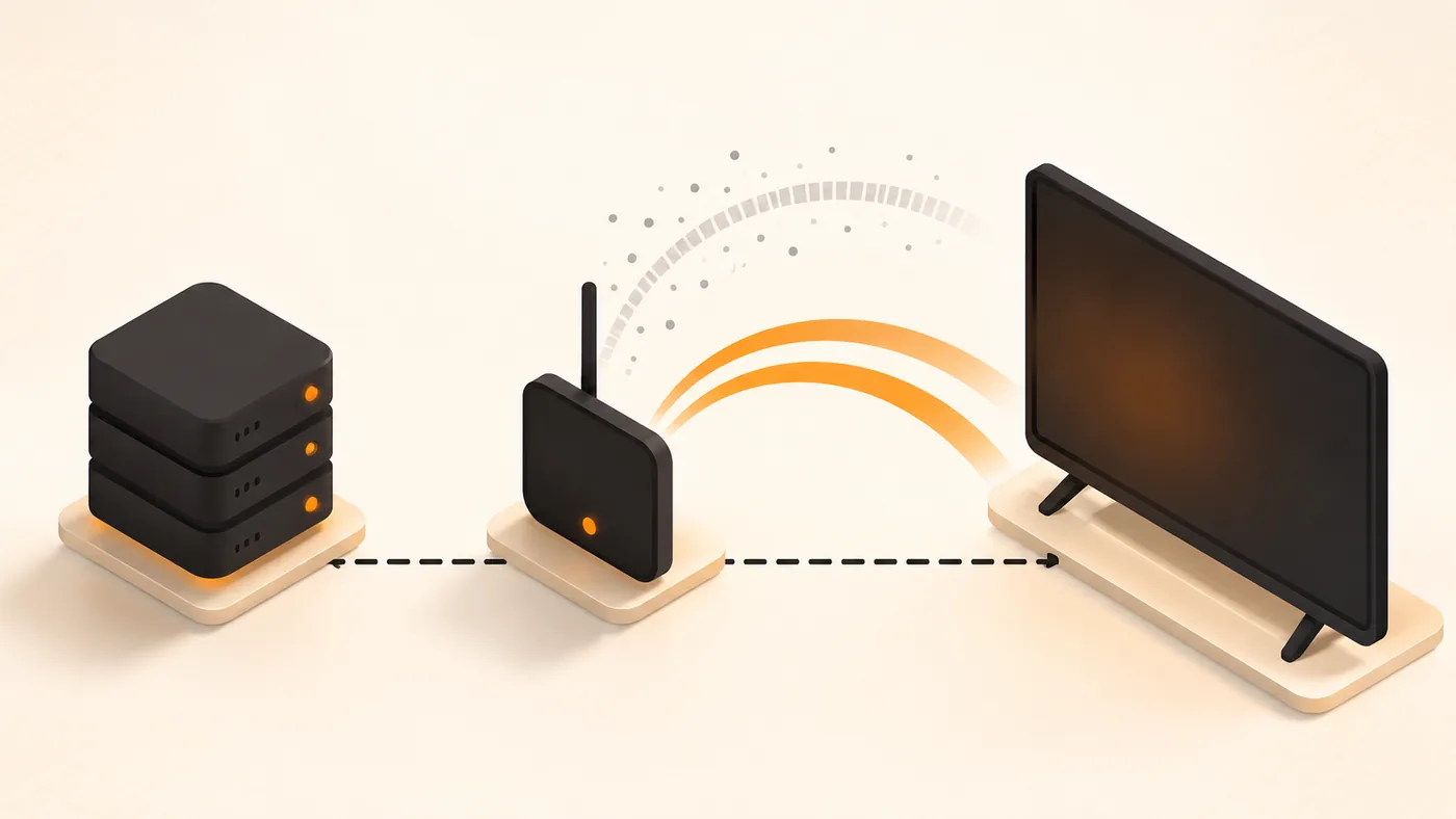 A server, a router emitting a congested and a clean band, and a TV
