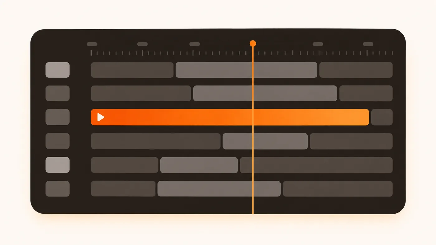 An abstract programme guide with a highlighted row and a now marker