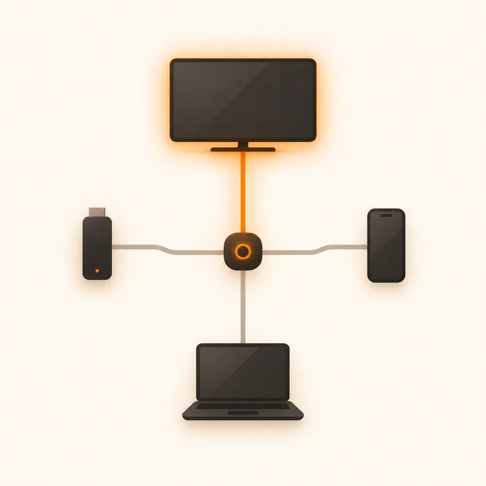 One orange line from a hub to four devices, with a single branch lit